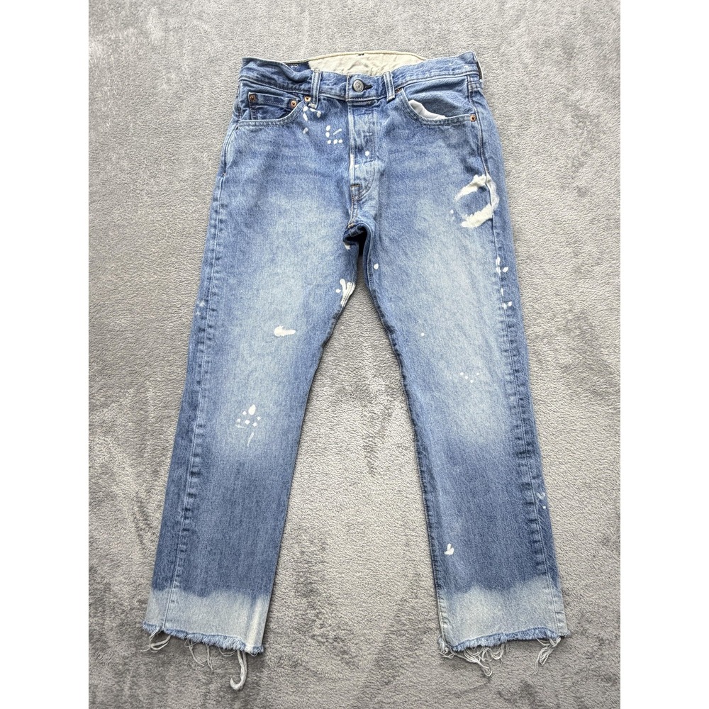 Levis 501 Jeans Mens Measured 30x27 Blue Straight Light Wash Distressed Zip Fly
